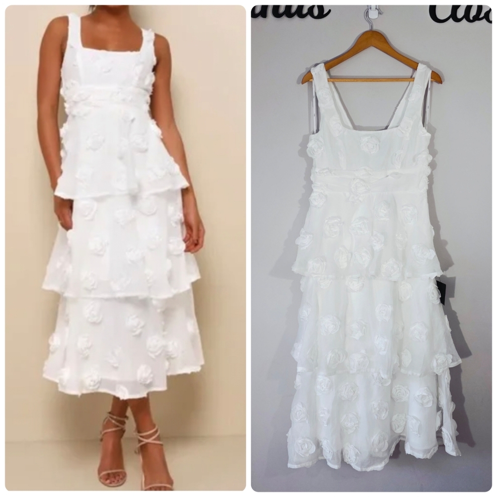 Lulus Exceptional Entrance White Sleeveless Tiered Rosette Midi Dress Medium NWT